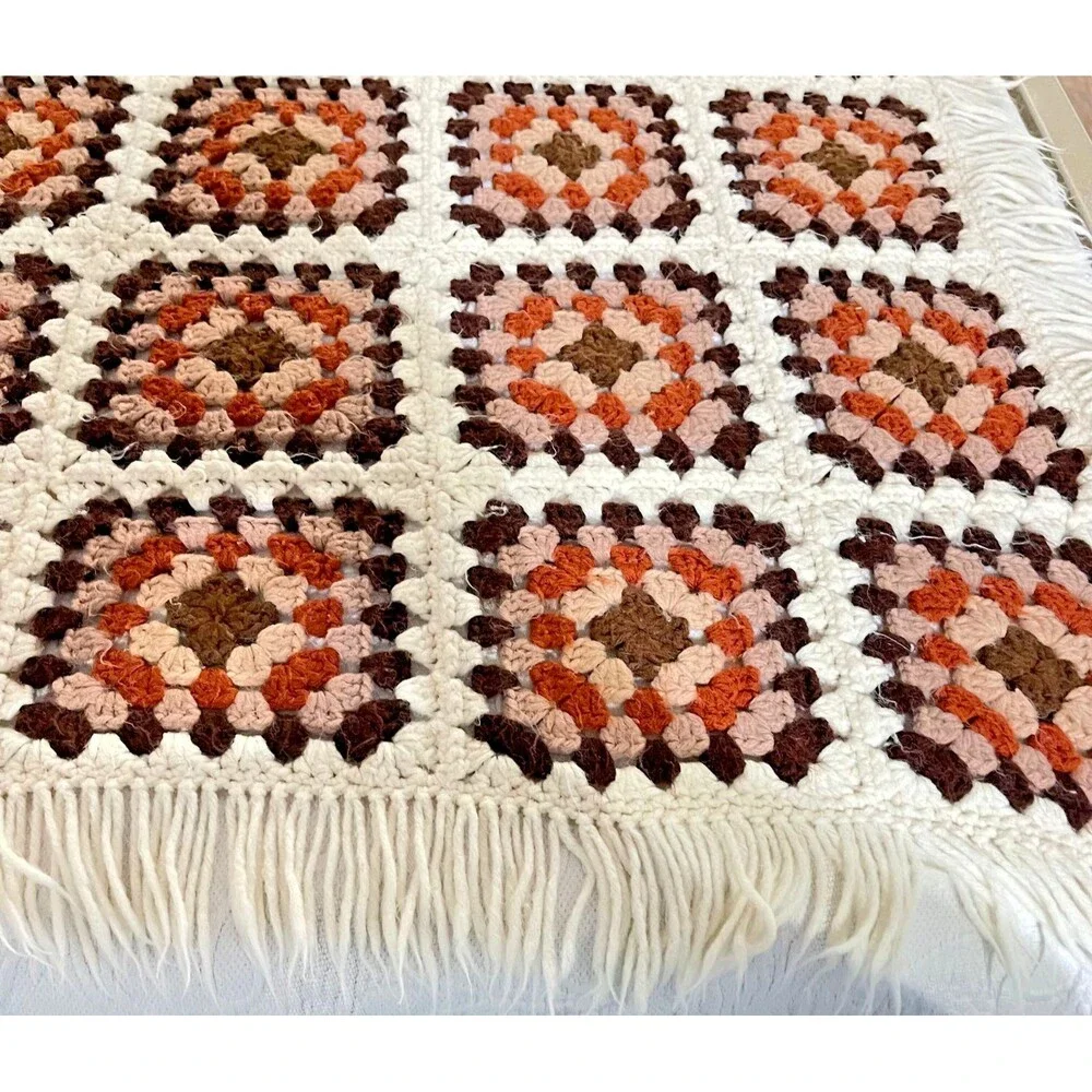 VTG Handmade Afghan Granny Square Crochet Retro Earth Tones-Boho Style w/ Fringe